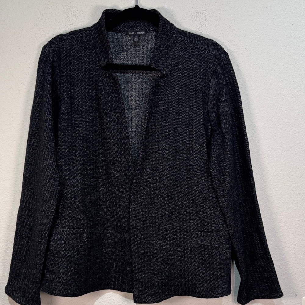 Eileen Fisher Charcoal wool cotton blend open front blazer size Large